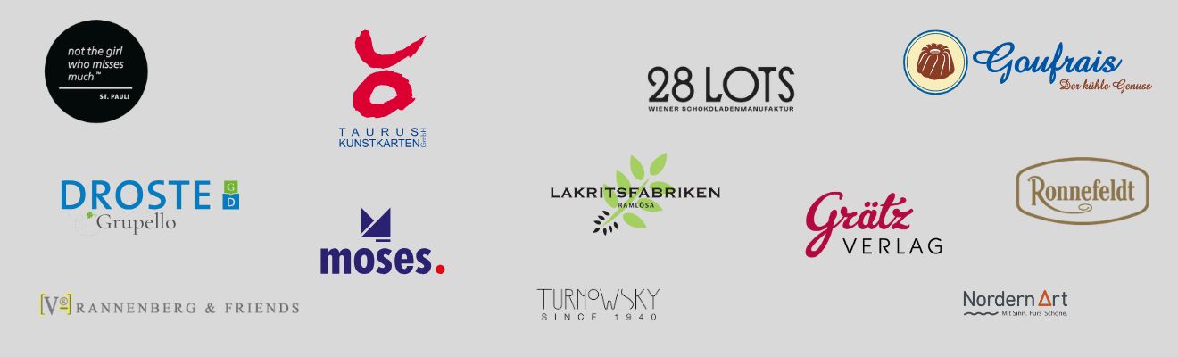 Logos von Not the girl who misses much, Droste Gruppello, Taurus Kunstkarten, 28 Lots (Fairtrade Schokolade), Goufrais (Pralinen), Lakritsfabriken Ramlösa (Lakritz), Grätz Verlag (Papeterie & Geschenke), Ronnefeldt (Tee), moses., Rannenberg & Friends, Turnowsky ART, Nordern Art
